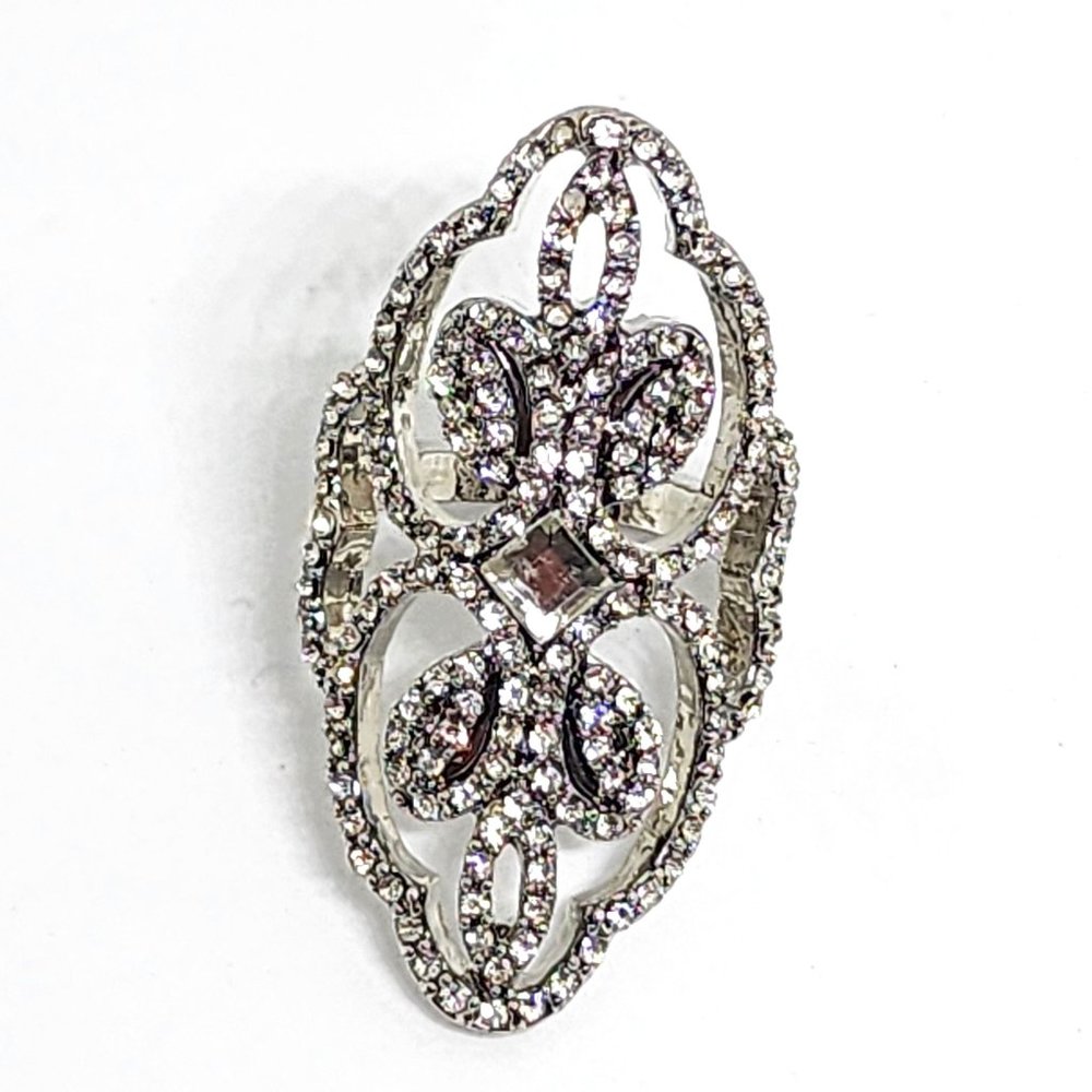 Victorian Style Pave White Rhinestone Dressy Silver Statement Cocktail Ring SZ 5 - Picture 5 of 10